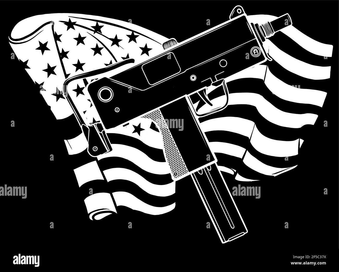 white silhouette of weapont Uzi with ameican flag vector illustration Stock Vector