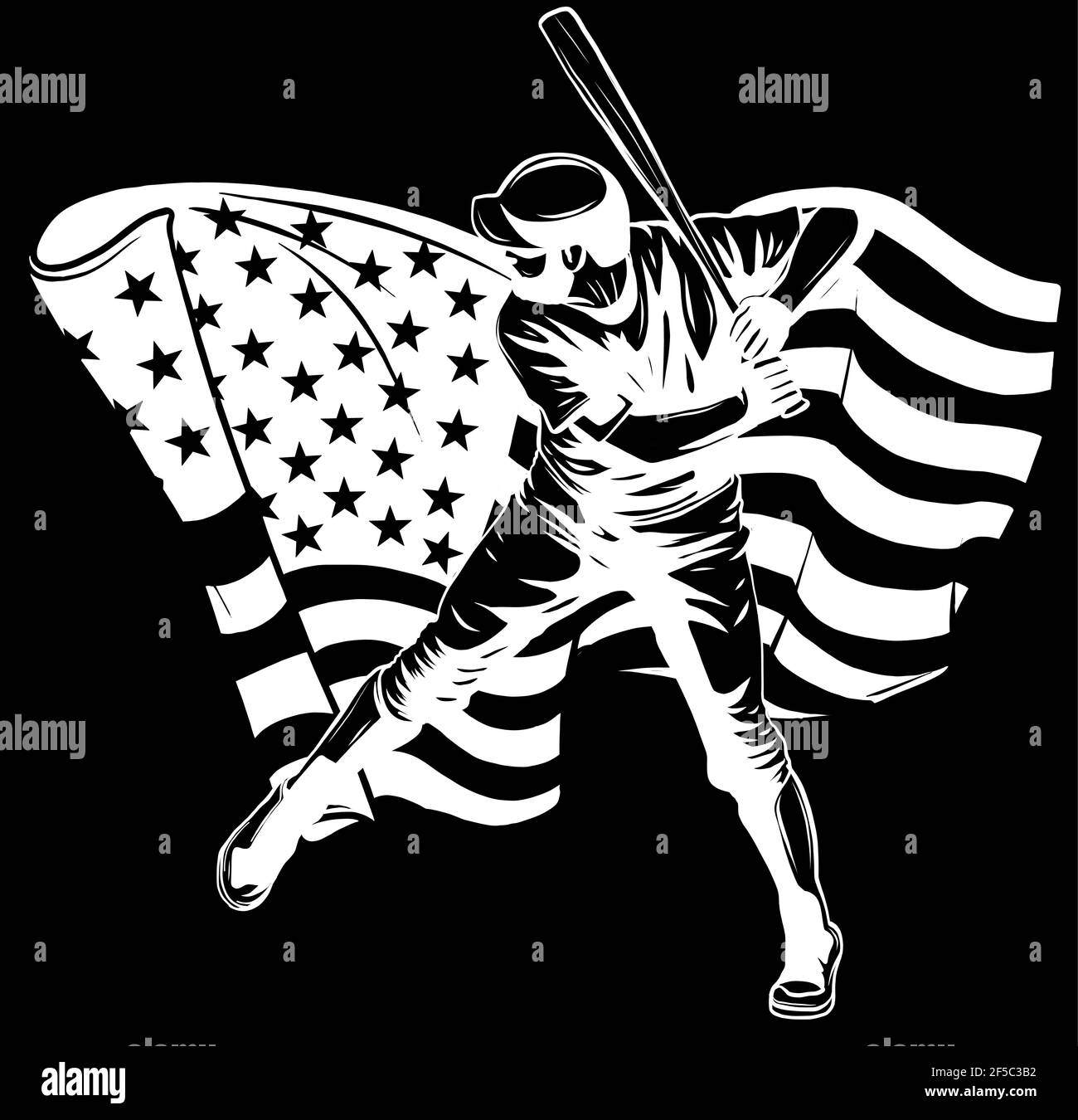 white silhouette of Baseball player with american flag vector illustration Stock Vector