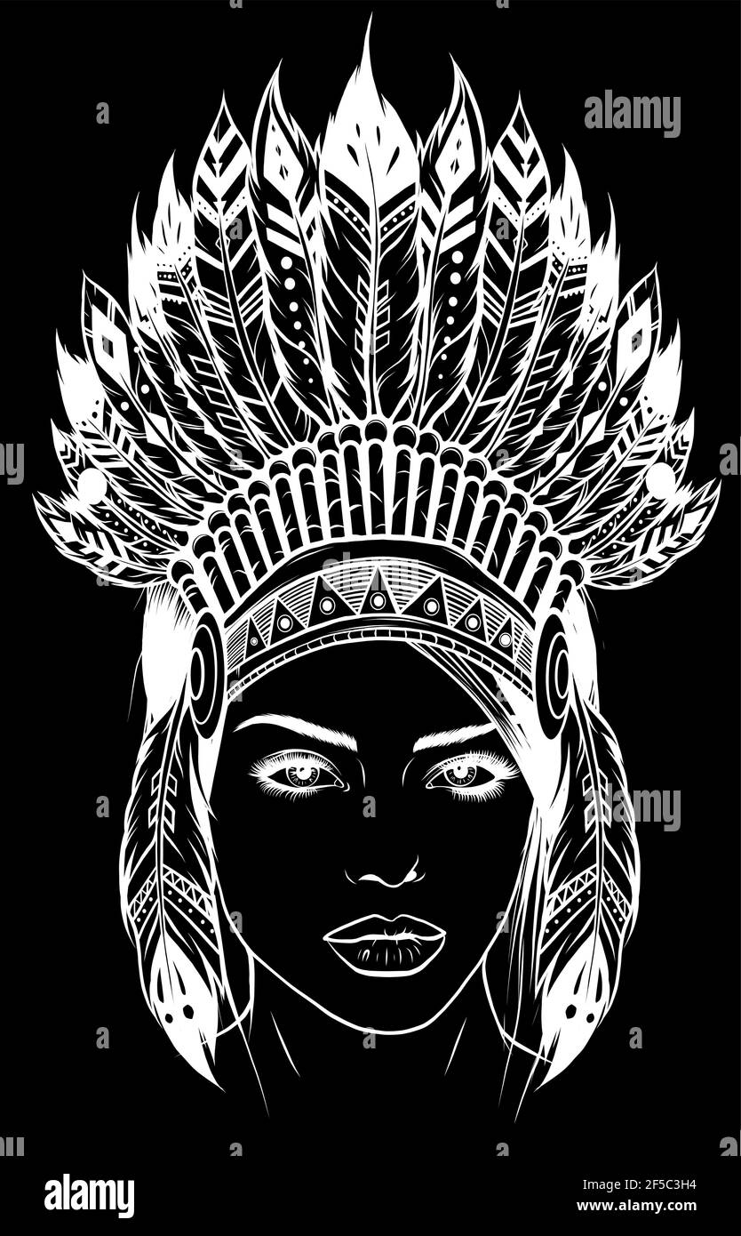 white silhouette of Beautiful girl in a headdress of North American Indians. Stock Vector