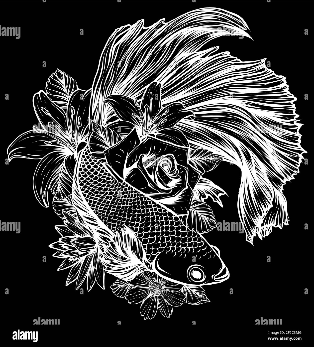 white silhouette of fish betta splendens with flowers vector illustration Stock Vector