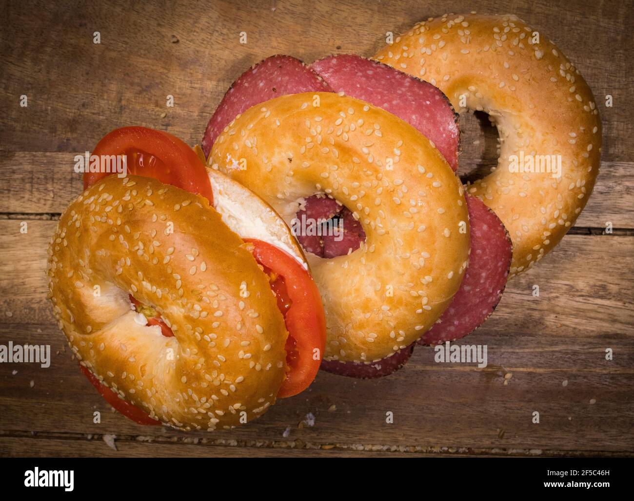 A selection of delicious bagels - top down view Stock Photo