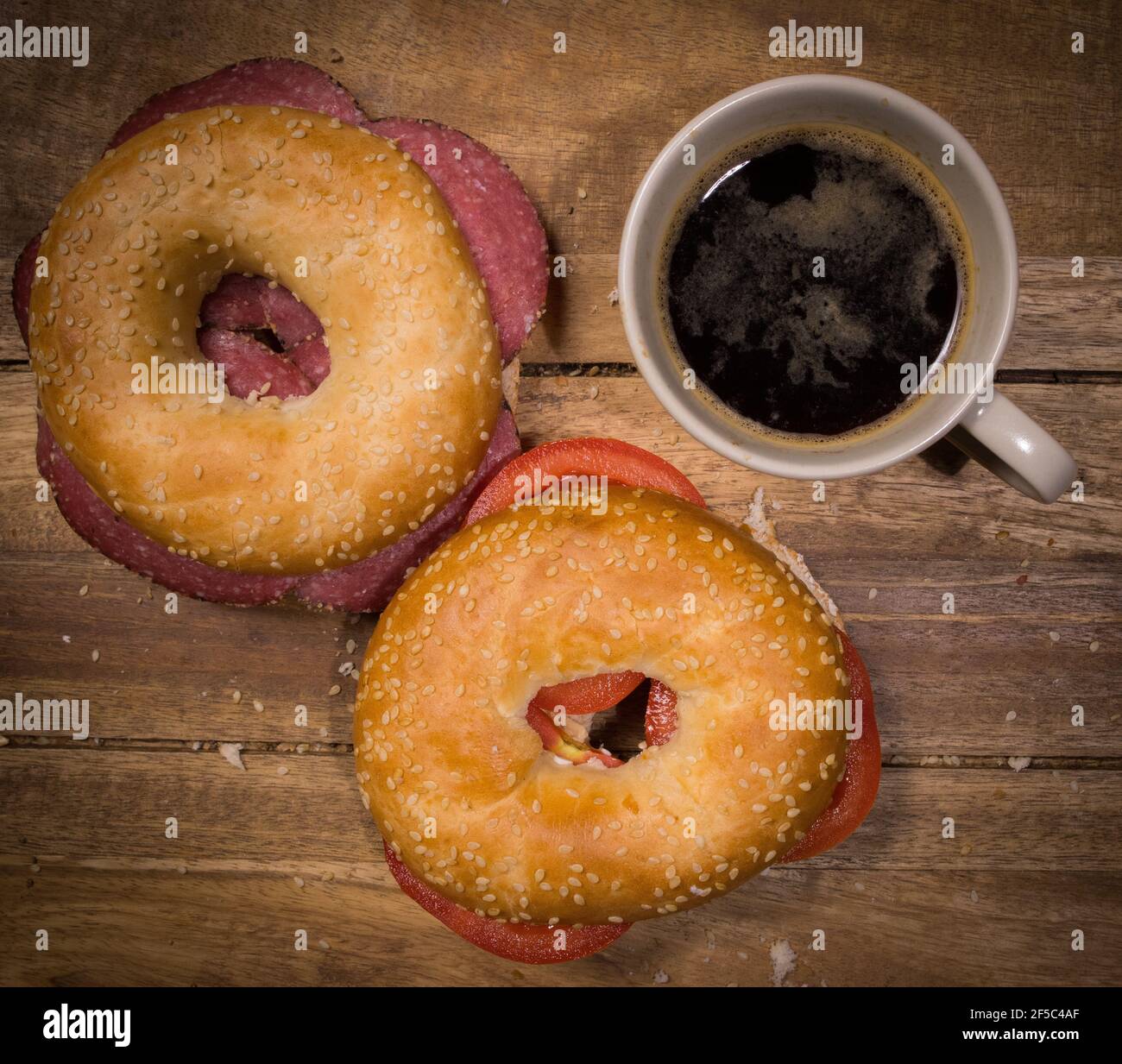 Coffee and bagels for breakfast - top down view Stock Photo