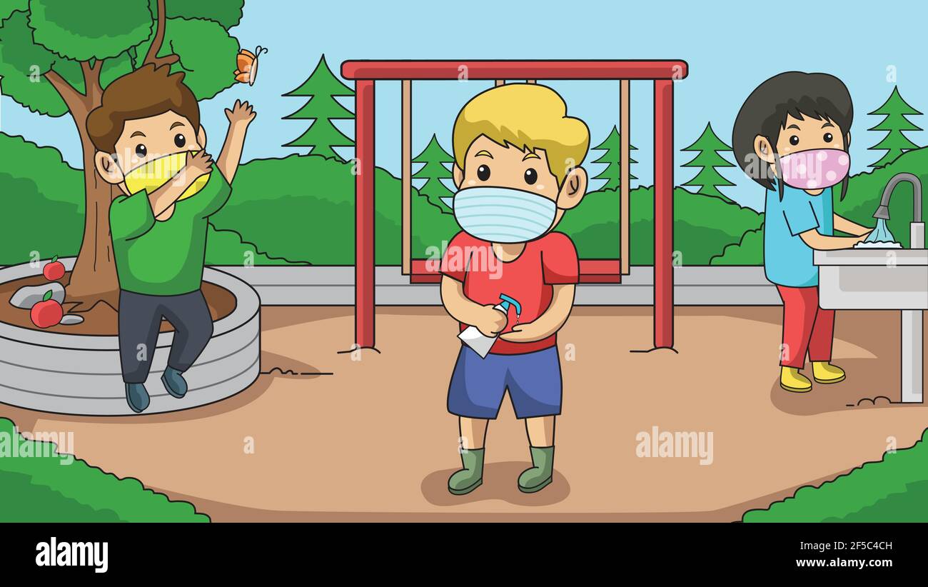 During The Corona Pandemic Children Are Active In The Park Washing Hands Playing Catch Butterfly Using Masks And Health Protocols Vector Book Il Stock Vector Image Art Alamy