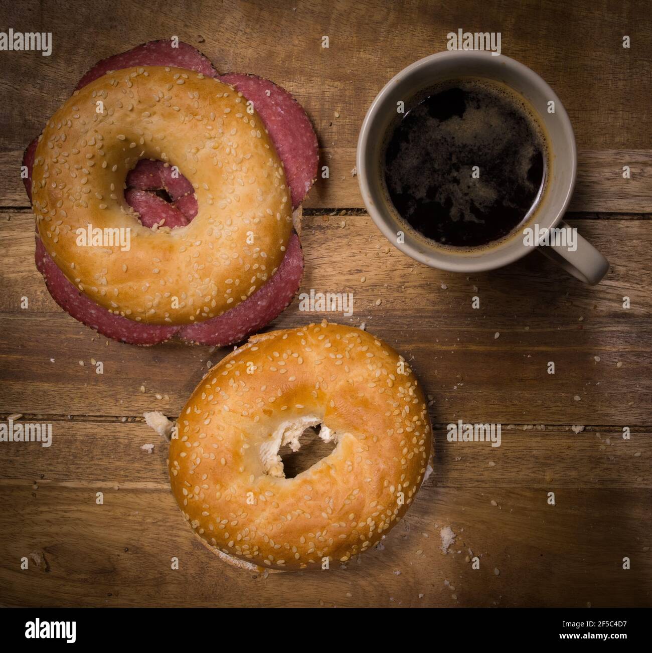 Coffee and bagels for breakfast - top down view Stock Photo
