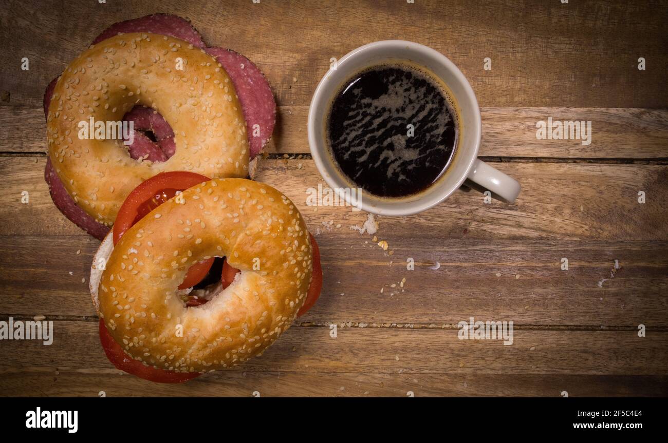 Coffee and bagels for breakfast - top down view Stock Photo