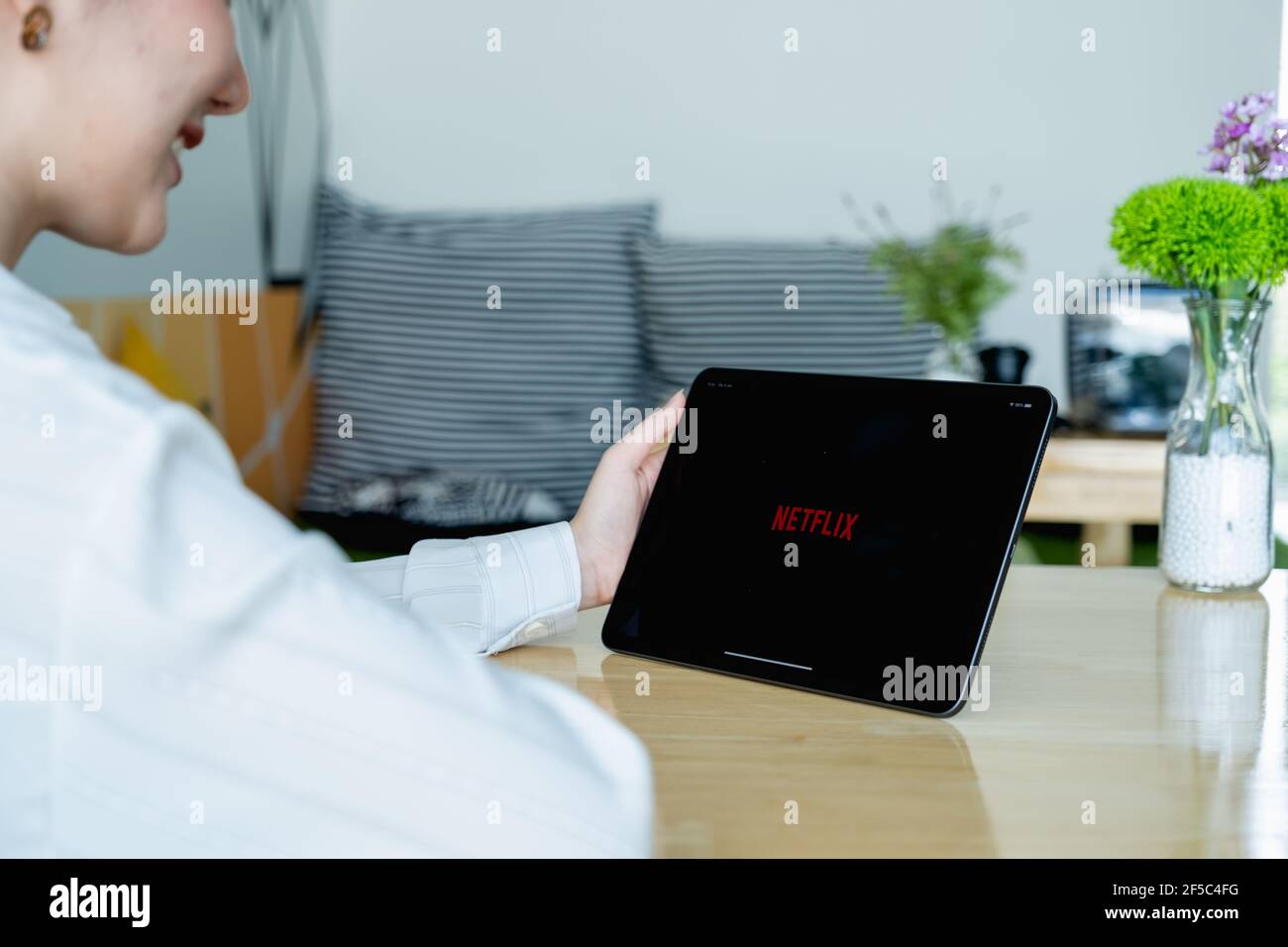 CHIANG MAI, THAILAND : SEP 07, 2020 : Netflix app on ipad screen. Netflix is an international leading subscription service for watching TV episodes Stock Photo