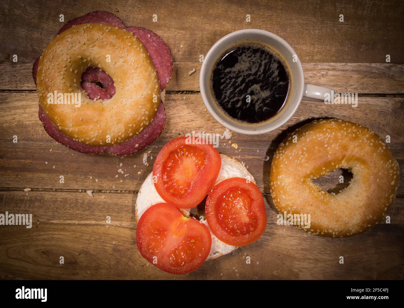 Coffee and bagels for breakfast - top down view Stock Photo