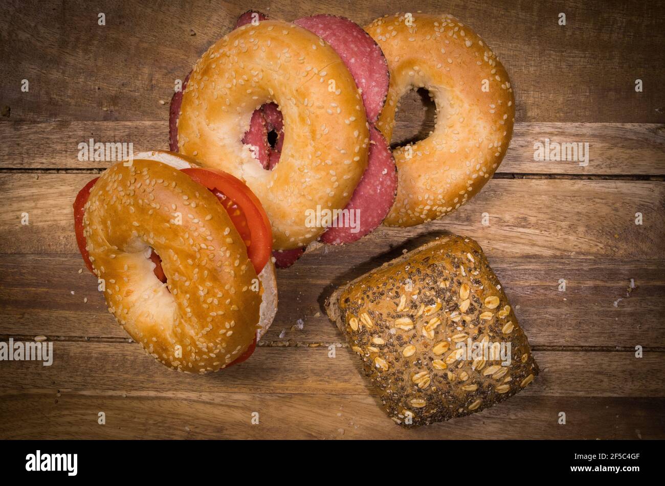A selection of delicious bagels - top down view Stock Photo