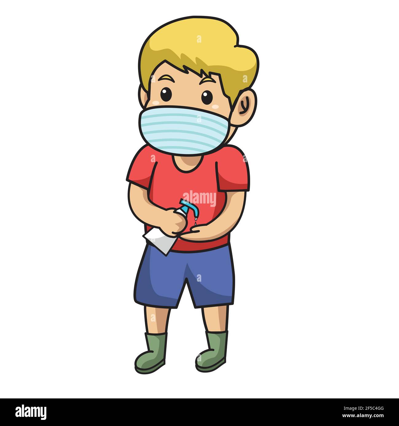 kid using hand sanitizer ,after playing in playground using healthy mask.character illustration