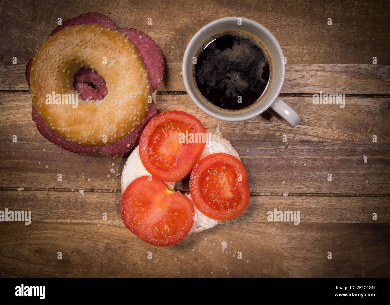Coffee and bagels for breakfast - top down view Stock Photo