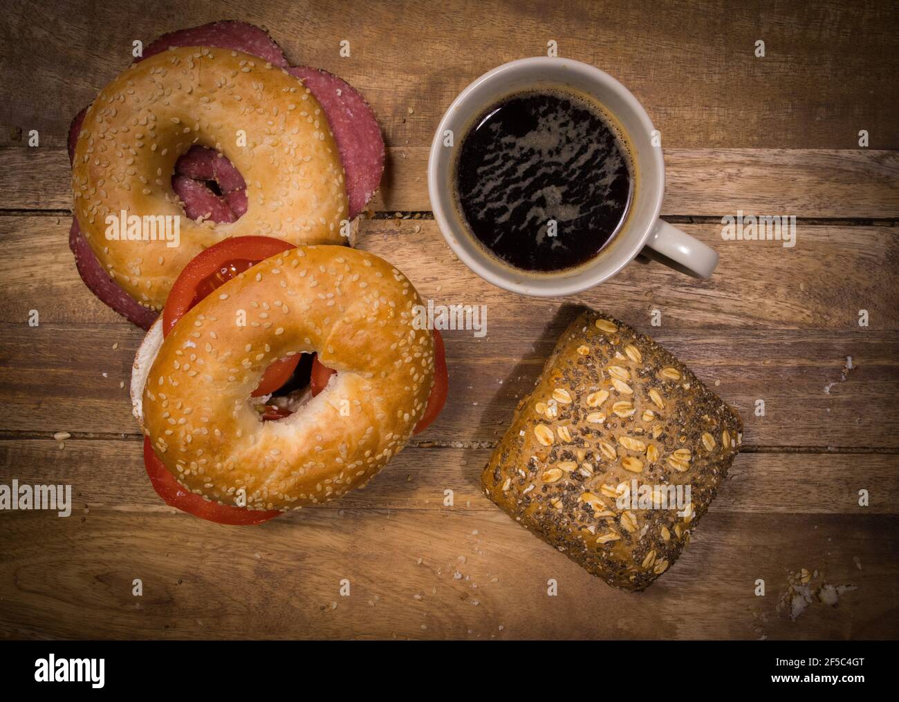 Coffee and bagels for breakfast - top down view Stock Photo