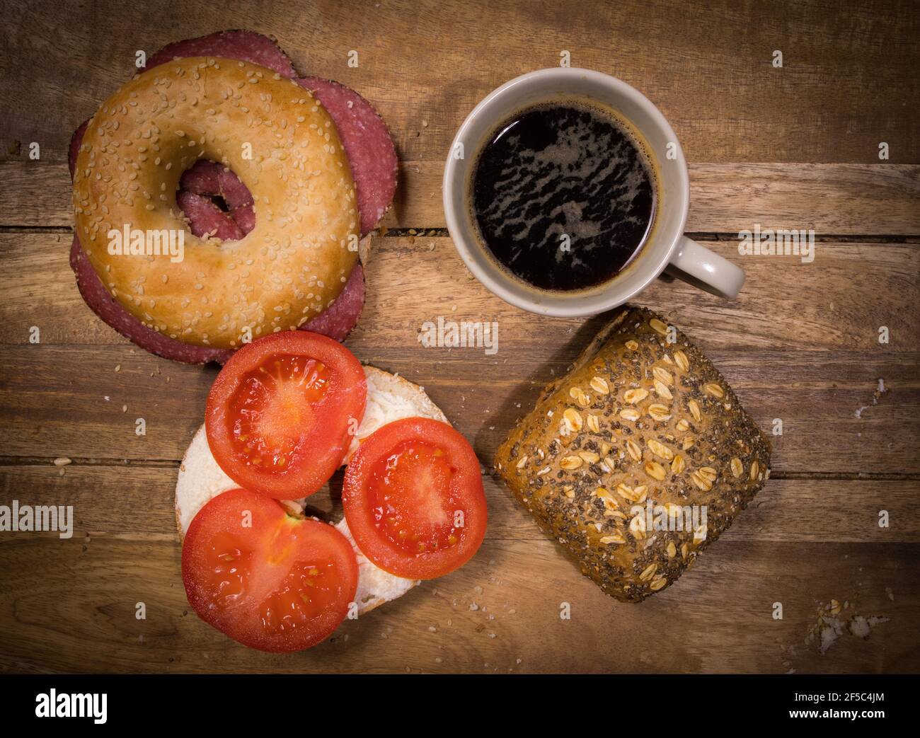 Coffee and bagels for breakfast - top down view Stock Photo
