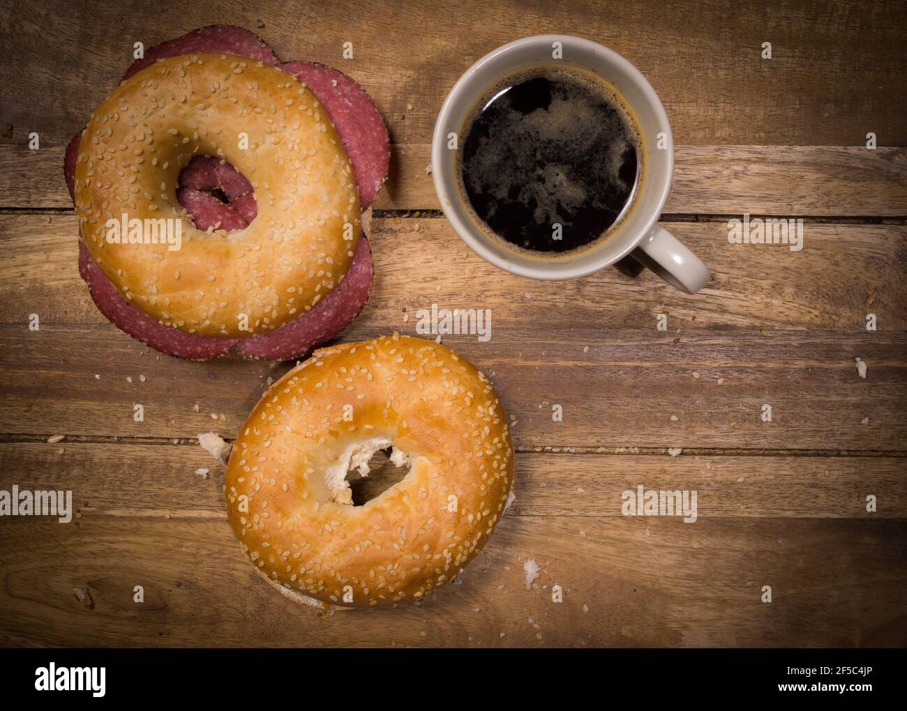 Coffee and bagels for breakfast - top down view Stock Photo