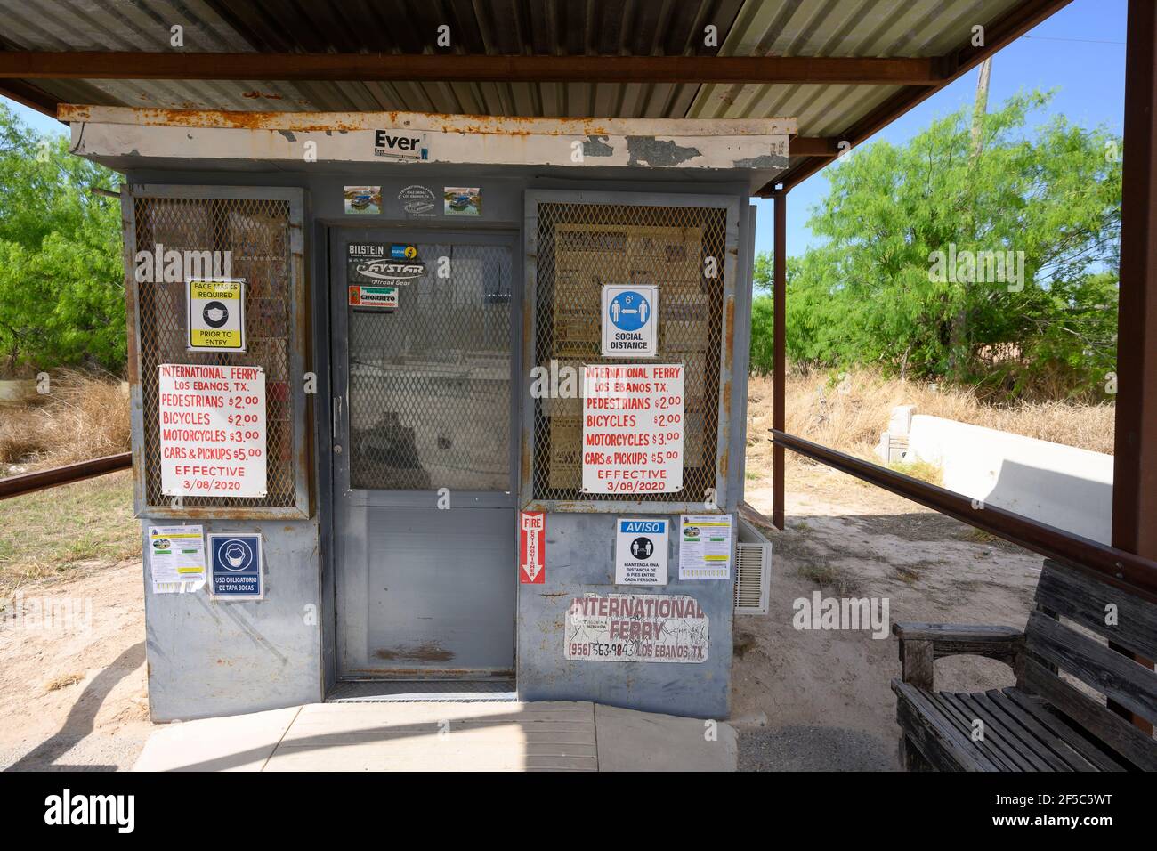Los Ebanos, Texas USA, 25th Mar, 2021. The handdrawn ferry on the Rio