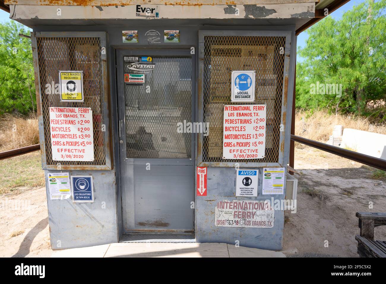 Los Ebanos, Texas USA, 25th Mar, 2021. The handdrawn ferry on the Rio