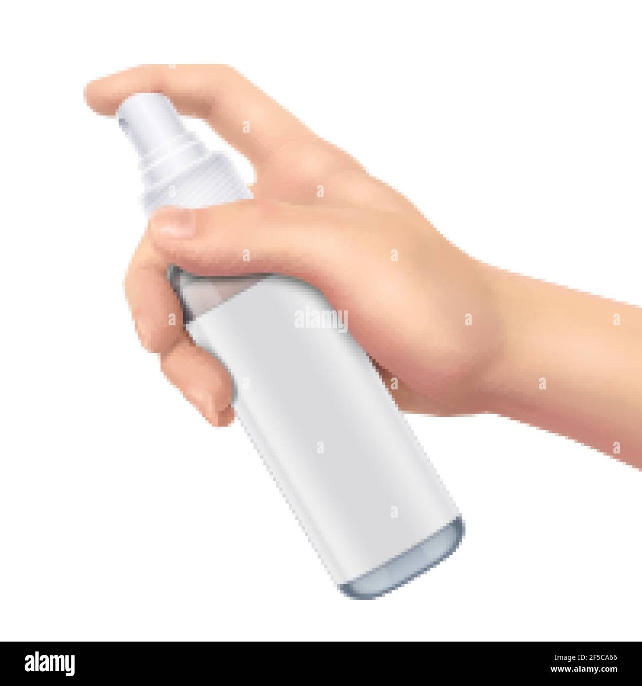 3d illustration of realistic hand holding white plastic spray bottle isolated on white background Stock Vector