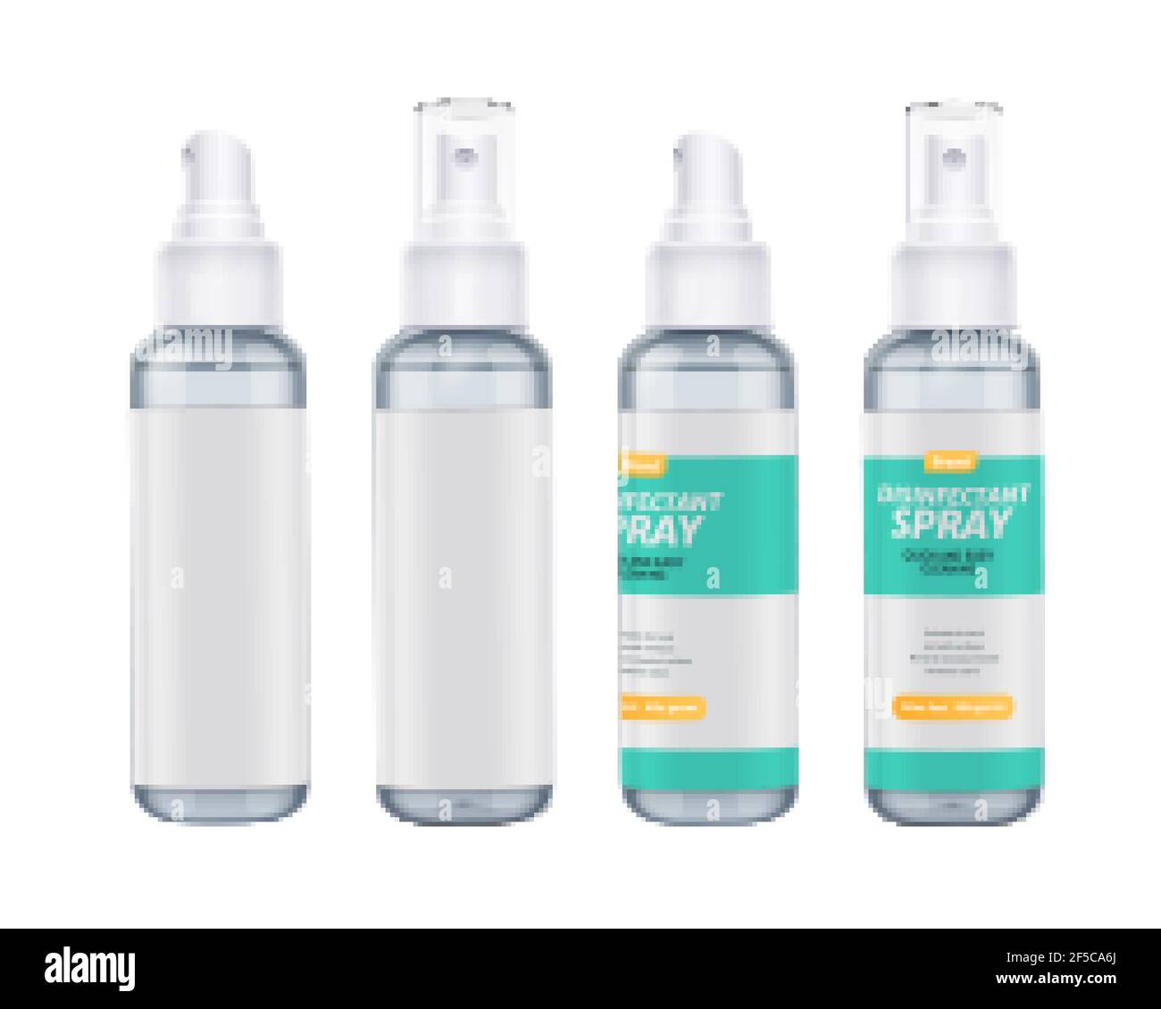 Set of disinfectant spray bottles in 3d illustration, elements isolated on white background, two with label design and two without Stock Vector