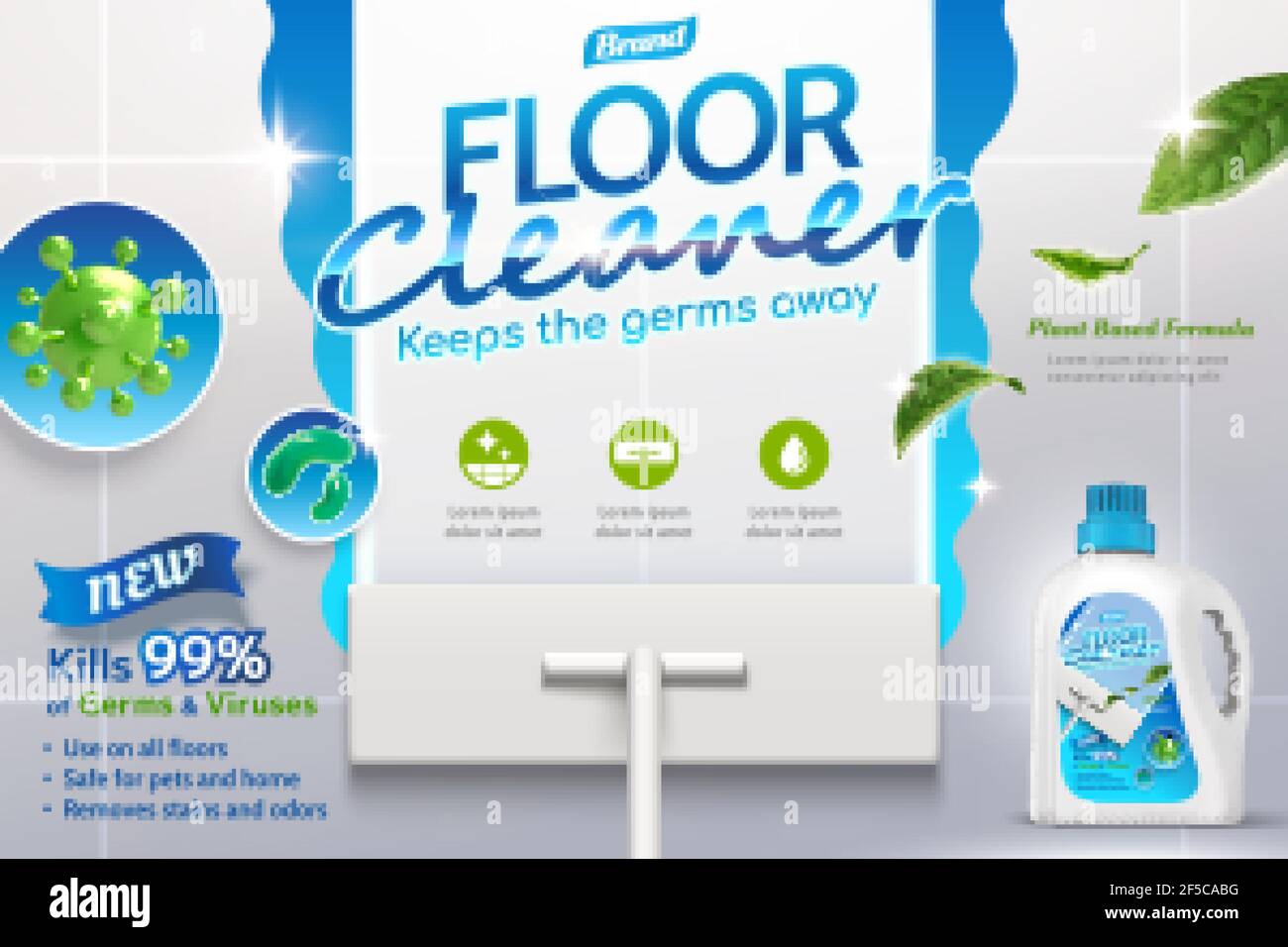 3d illustration of a realistic mop cleaning dirty floor to shine using disinfectant cleaner with germs in closeup and leaves flying. Advertisement pos Stock Vector