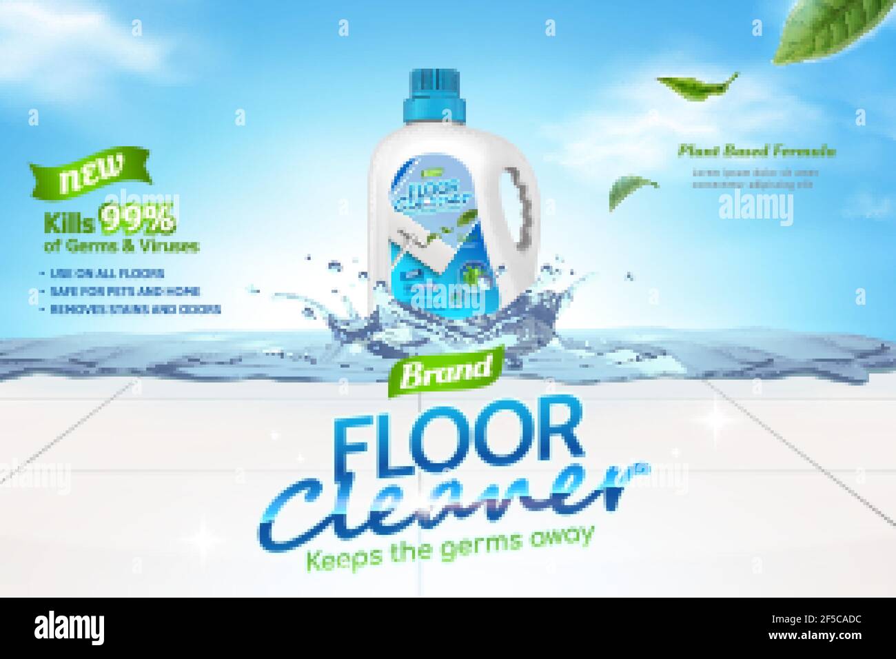 Floor cleaner ads, plant based formula of cleaner liquid with leaves