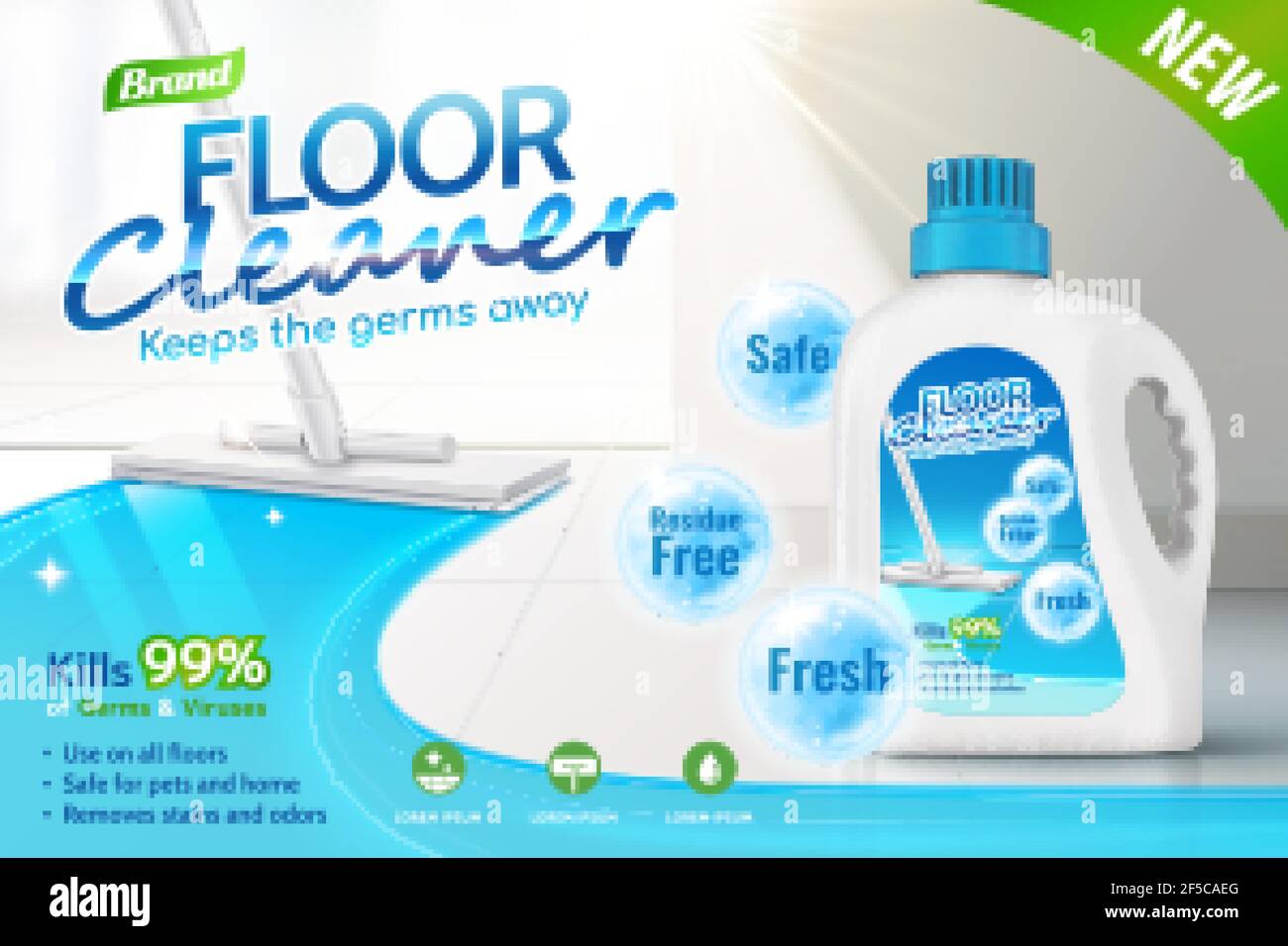 Floor cleaner ads, product package design with several efficacies in 3d illustration, mop cleaning tiled floor. Stock Vector