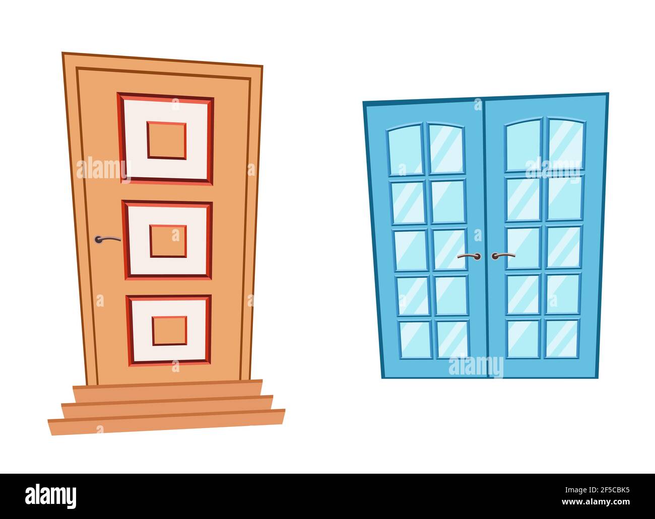 Doors and window in cartoon style. Vector brown Doors and blue window  isolated. Illustration in flat style Stock Vector Image & Art - Alamy