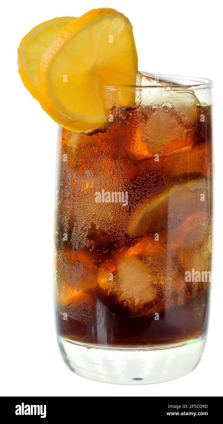 Cola drink with ice cubes and sliced lemon in a highball glass isolated ...