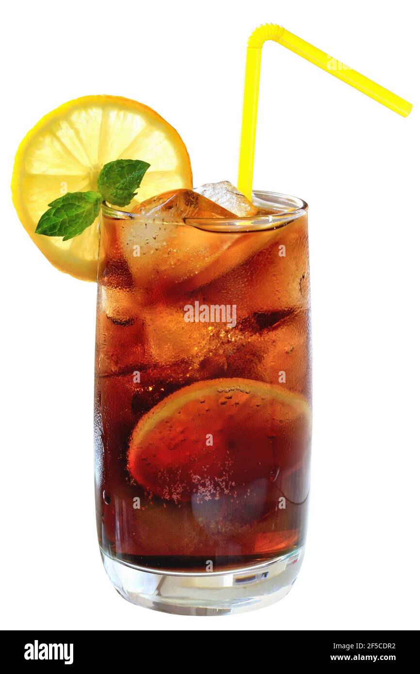 Cola drink with ice cubes and sliced lemon in a highball glass on a ...