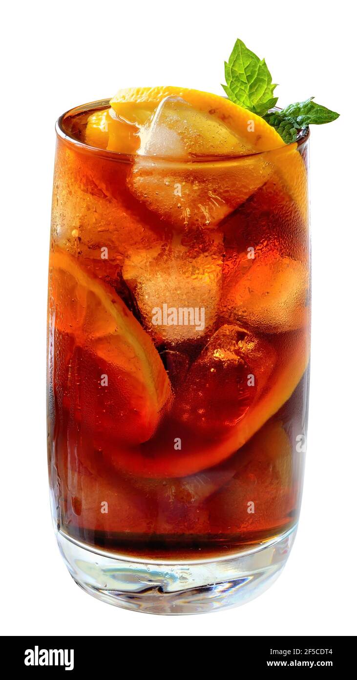 Cola drink with ice cubes and sliced lemon in a highball glass on a ...