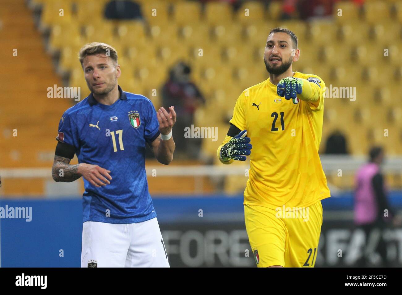 Guianluigi Donnarumma and Ciro Immobile of Italy during the FIFA World Cup 2022, Qualifiers Group C football match between Italy and Northern Ireland on March 25, 2021 at Ennio Tardini stadium in Parma, Italy - Photo Laurent Lairys / DPPI Stock Photo