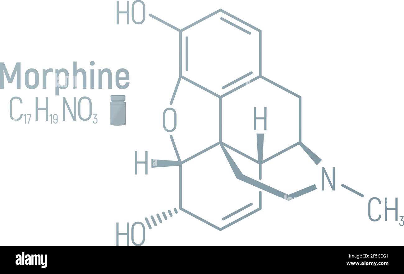 Morphine concept chemical formula icon label, text font vector illustration, isolated on white. Periodic element table, addictive drug stuff. Stock Vector