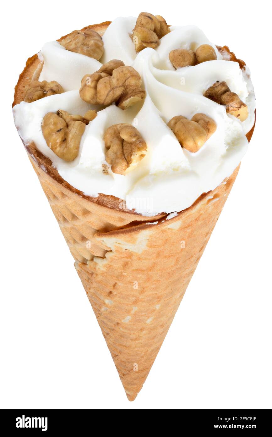 Ice cream in waffle cone with walnut isolated on white background Stock ...