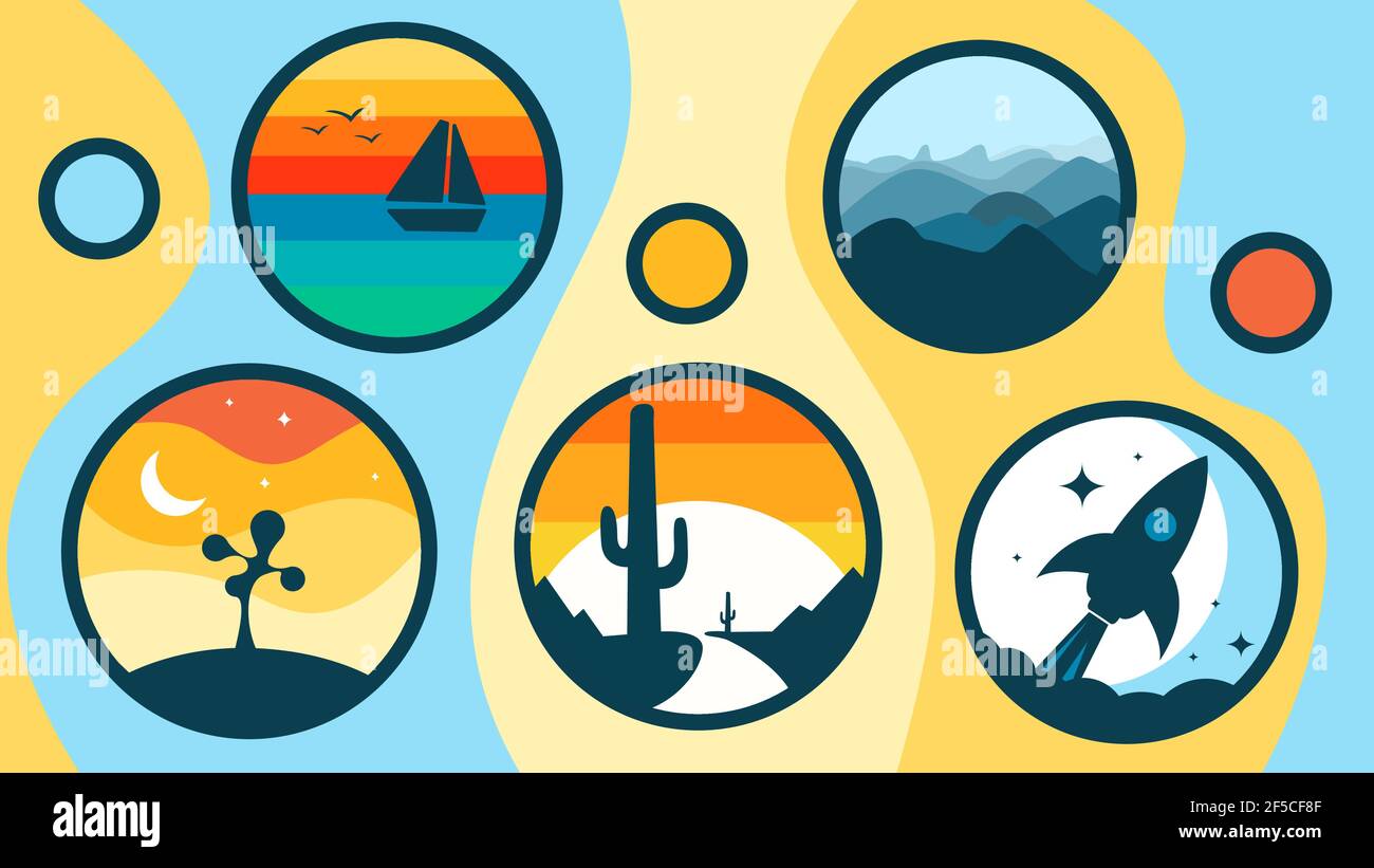Cartoon travel circles with different activities background vector illustration. Stock Vector