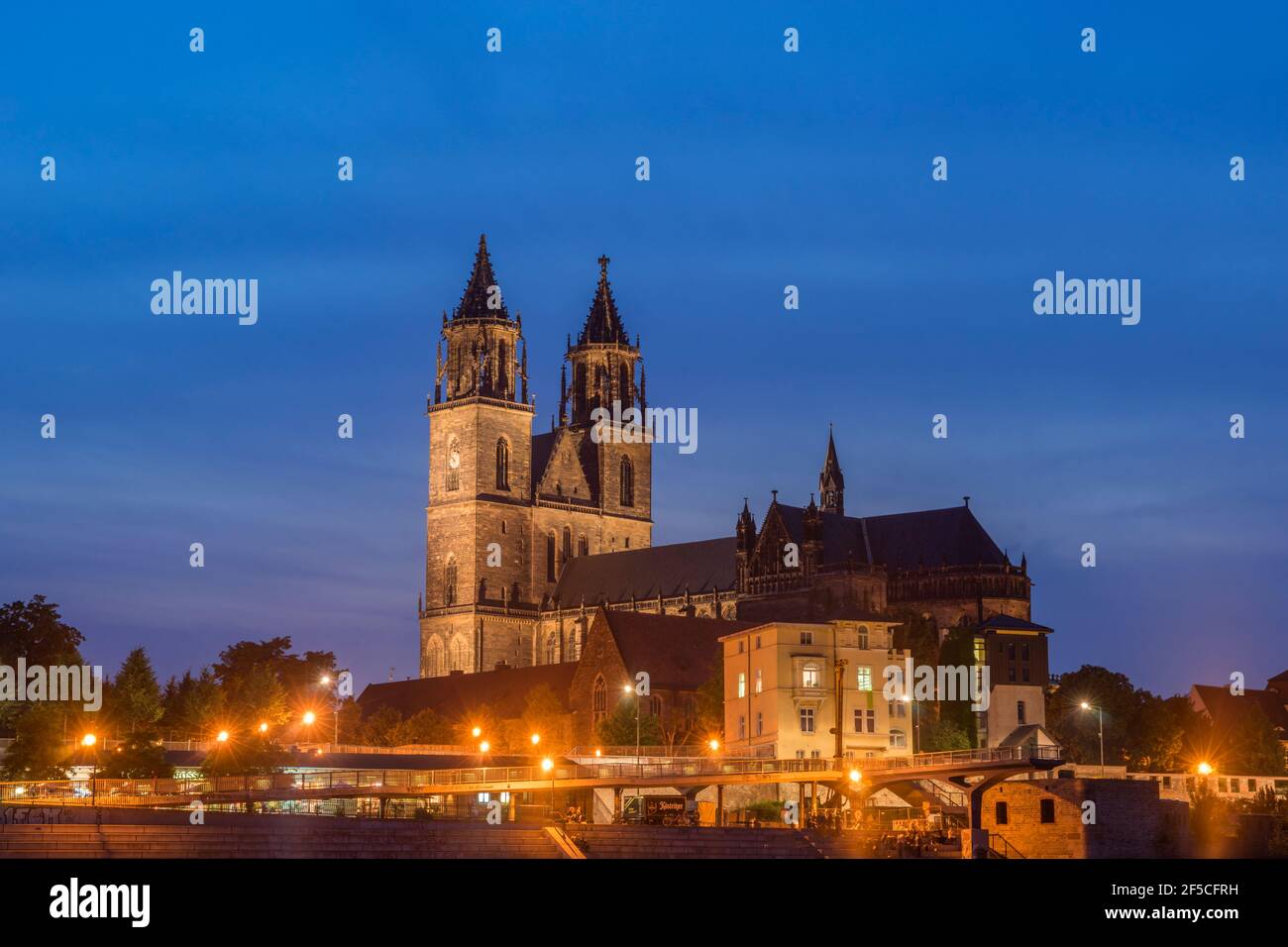 geography / travel, Germany, Saxony-Anhalt, Magdeburg cathedral in the evening, Additional-Rights-Clearance-Info-Not-Available Stock Photo