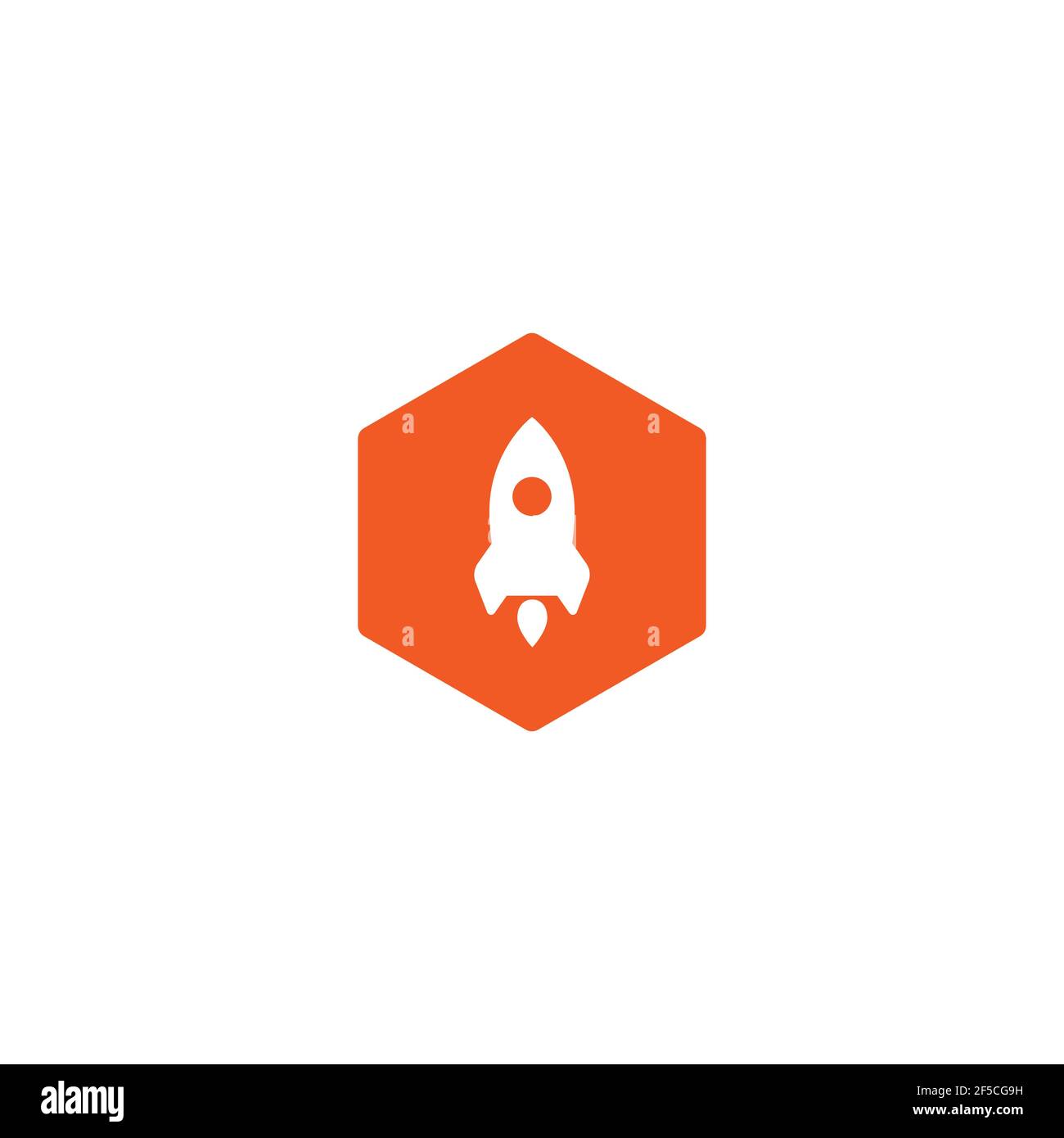red rocket ship with fire in red hexagon. Isolated on white. Flat icon ...
