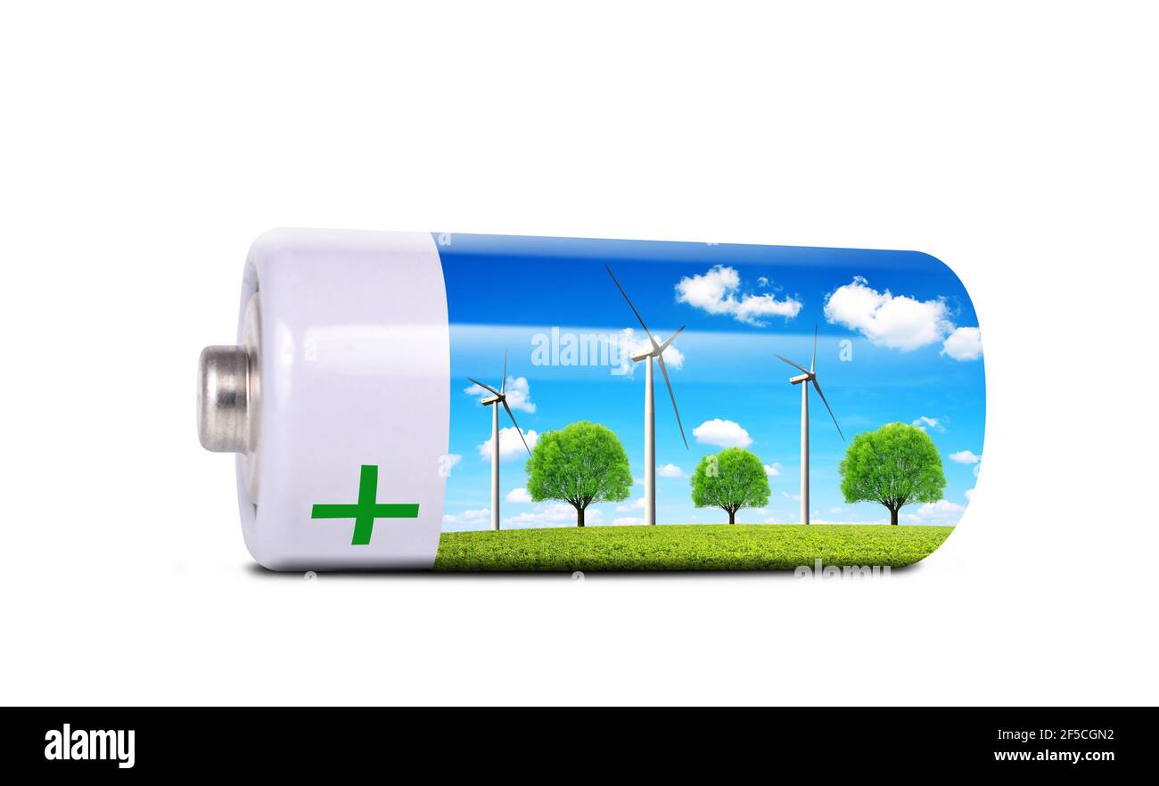 Battery with wind turbines isolated on a white background. The concept