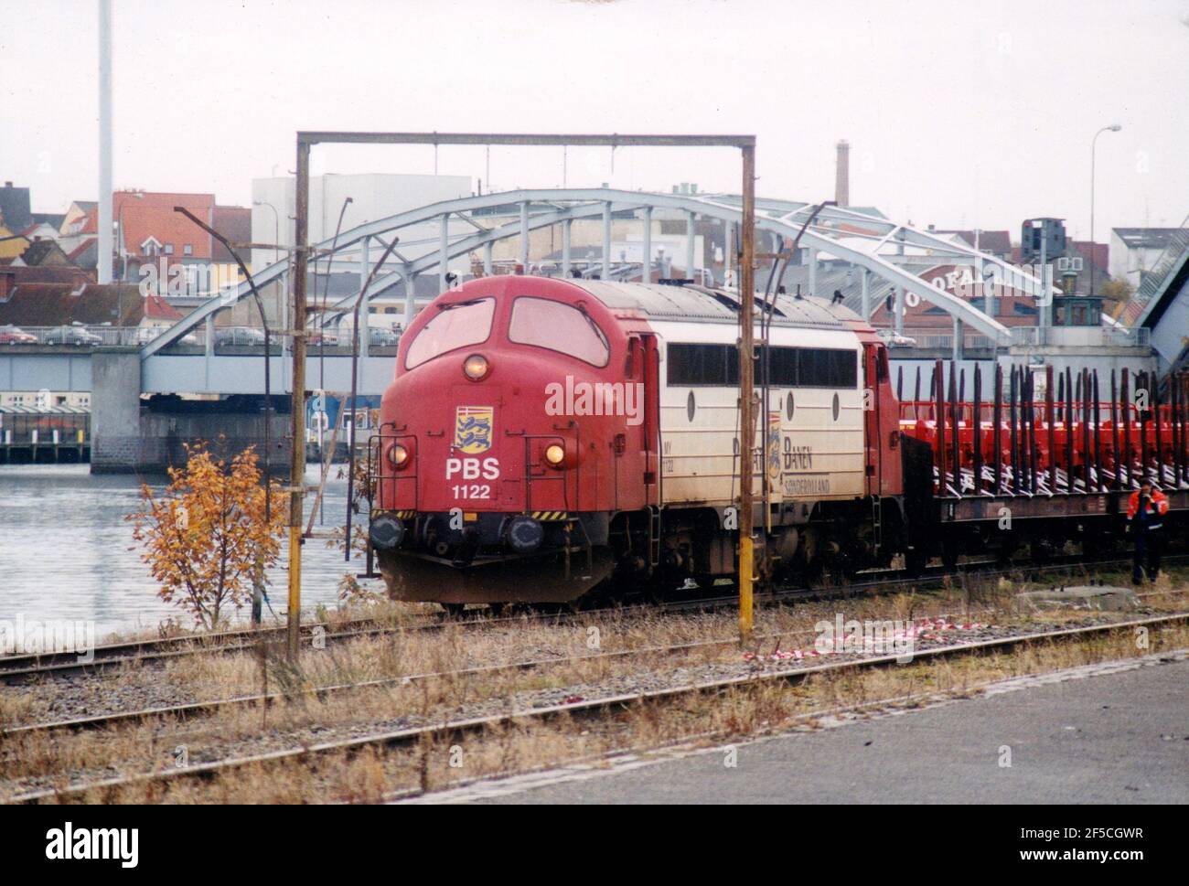 S�nderborg, Denmark - year 2000: The first private national rail freight carrier picks up loaded cars in S��nderboorg. The area now serve other purposes Stock Photo