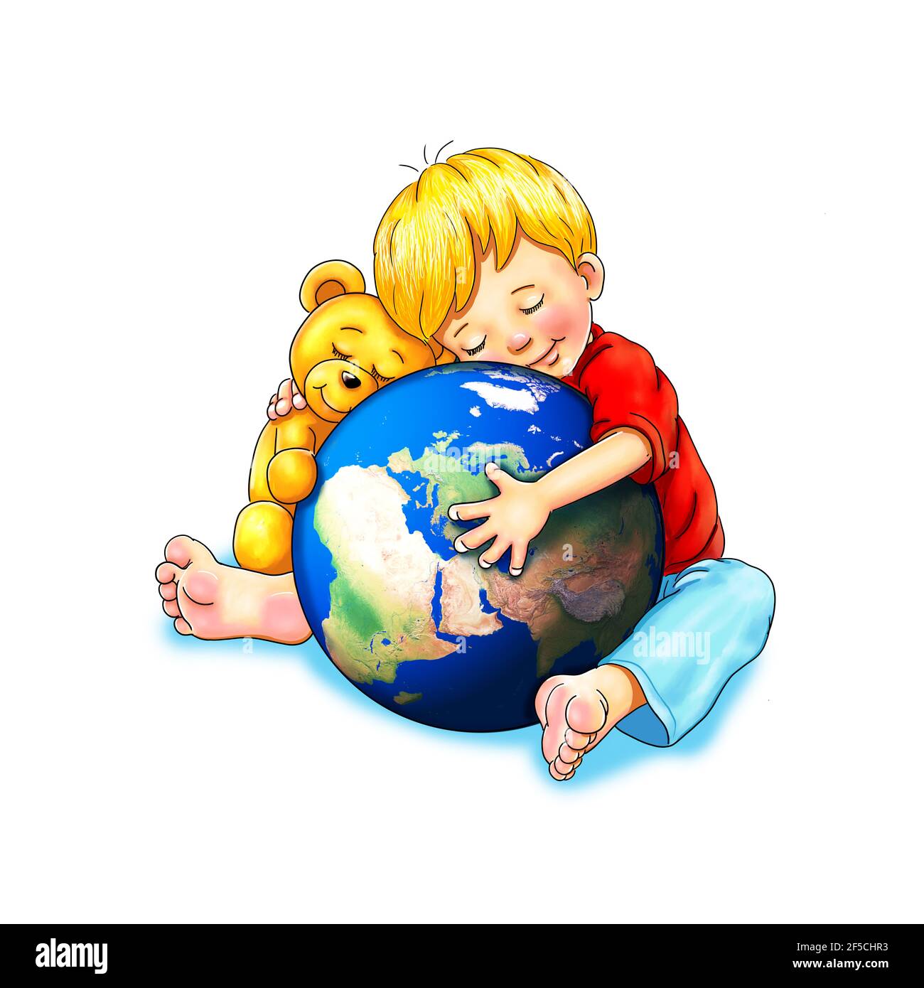 little cute boy sitting barefoot on the floor hugging the earth with his teddy toy lovingly the earth globe planet, new earth cute gentle devotion Stock Photo