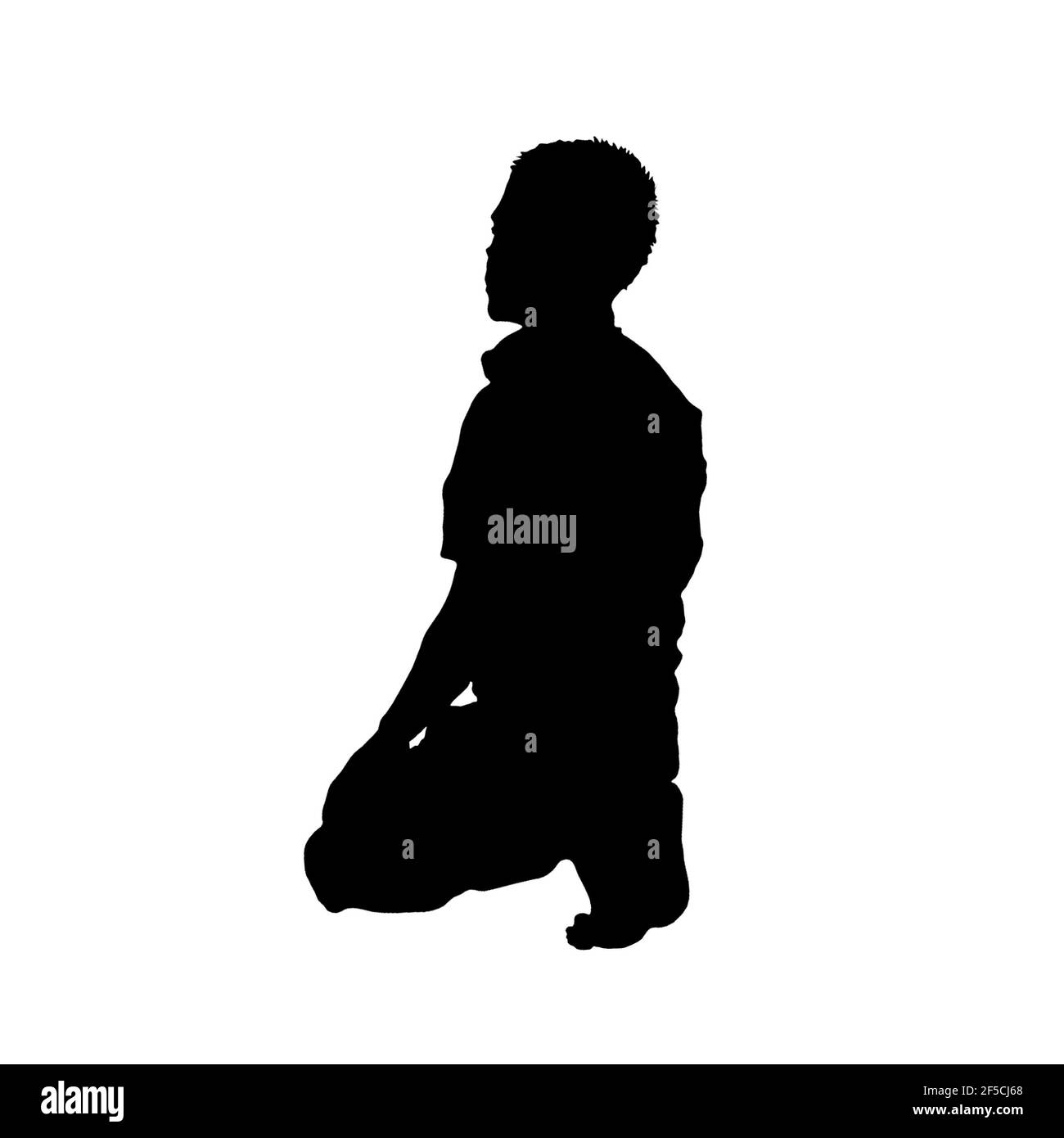 Silhouette black and white young muslim praying in prayer, crouching down barefoot, kneeling religion religious, god tradition meditation devotion Stock Photo