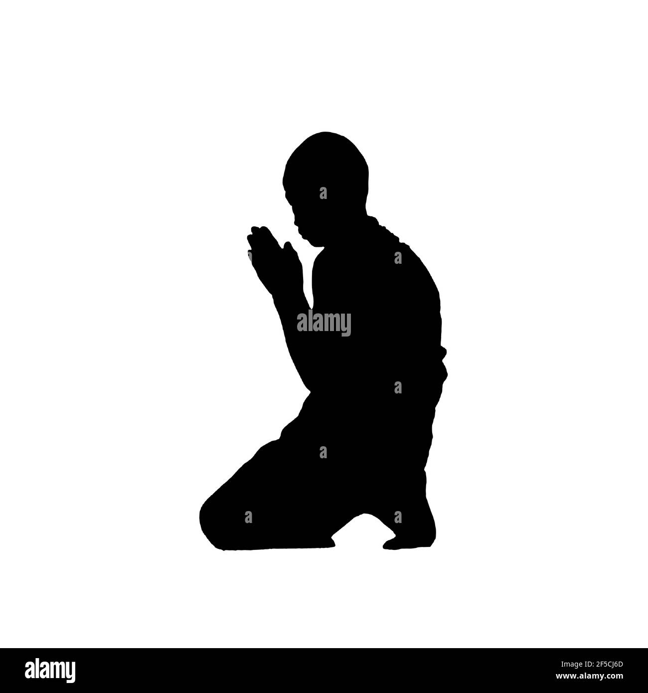 Silhouette black and white young muslim praying in prayer, crouching barefoot, kneeling religion religious, god tradition meditation devotion Stock Photo