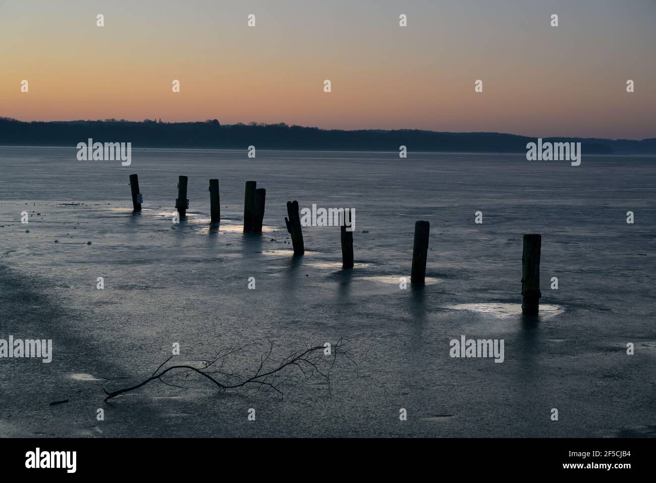 Row of black wooden piles in melting puddles in a frozen lake on a cold day at dawn, beautiful tranquil landscape scenery, copy space, selected focus Stock Photo