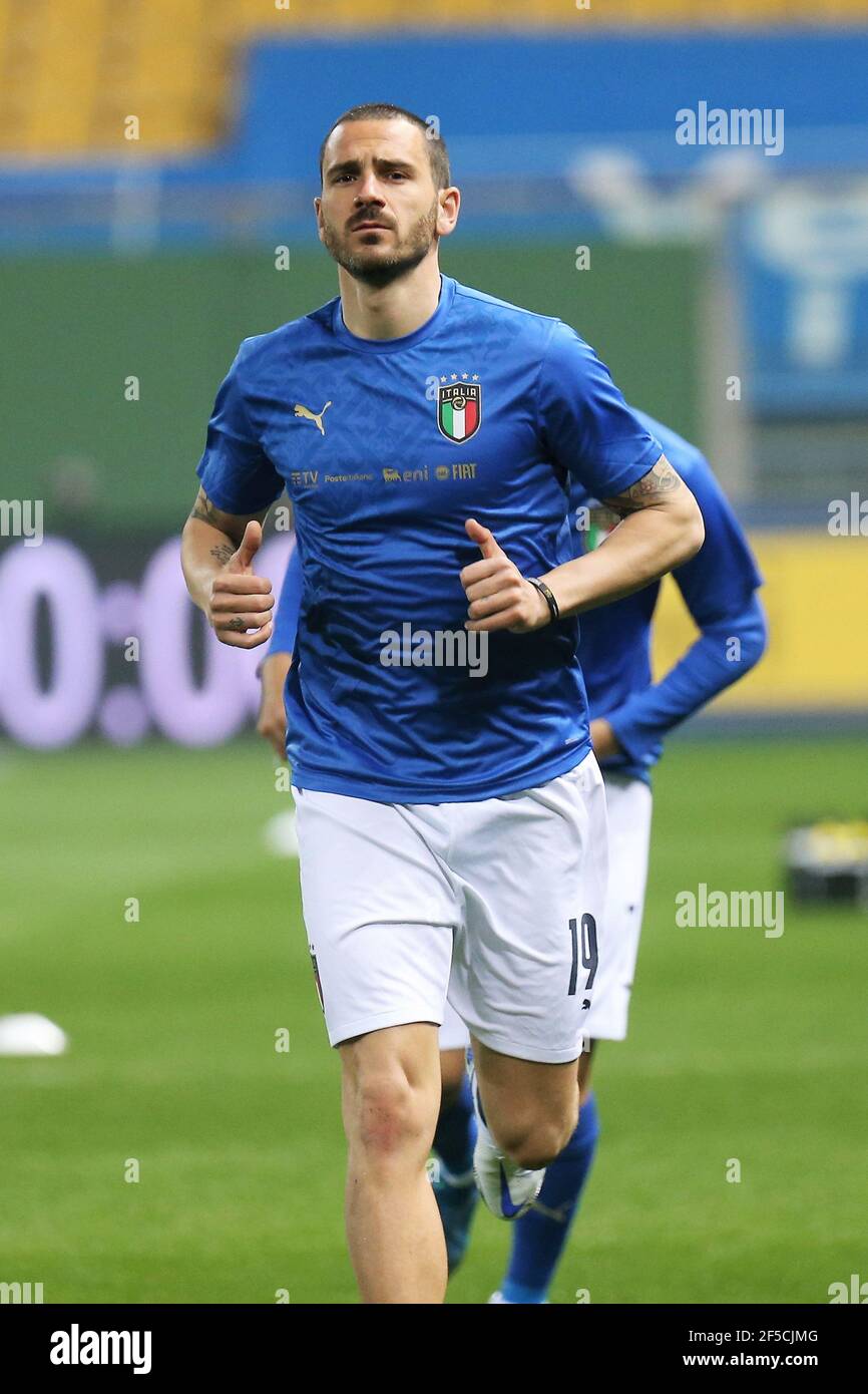 Leonardo Bonucci of Italy warms up during the FIFA World Cup 2022, Qualifiers Group C football match between Italy and Northern Ireland on March 25, 2021 at Ennio Tardini stadium in Parma,