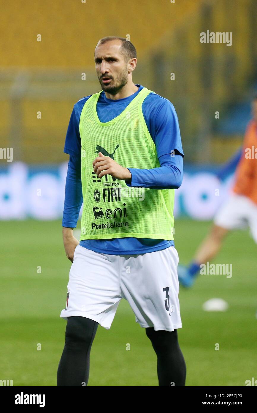 Giorgio Chiellini of Italy warms up during the FIFA World Cup 2022, Qualifiers Group C football match between Italy and Northern Ireland on March 25, 2021 at Ennio Tardini stadium in Parma, Italy - Photo Laurent Lairys / DPPI Stock Photo