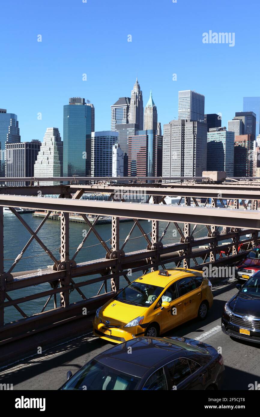 geography / travel, USA, New York, New York City, Brooklyn Bridge, Taxis (Yellow Cabs), East River, Ne, Additional-Rights-Clearance-Info-Not-Available Stock Photo
