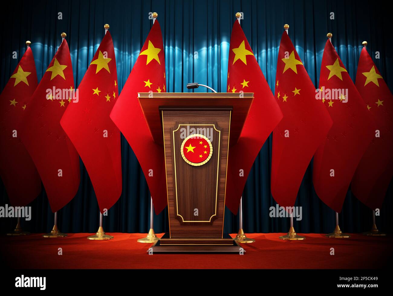 Group of Chinese flags standing next to lectern in the conference hall. 3D illustration. Stock Photo
