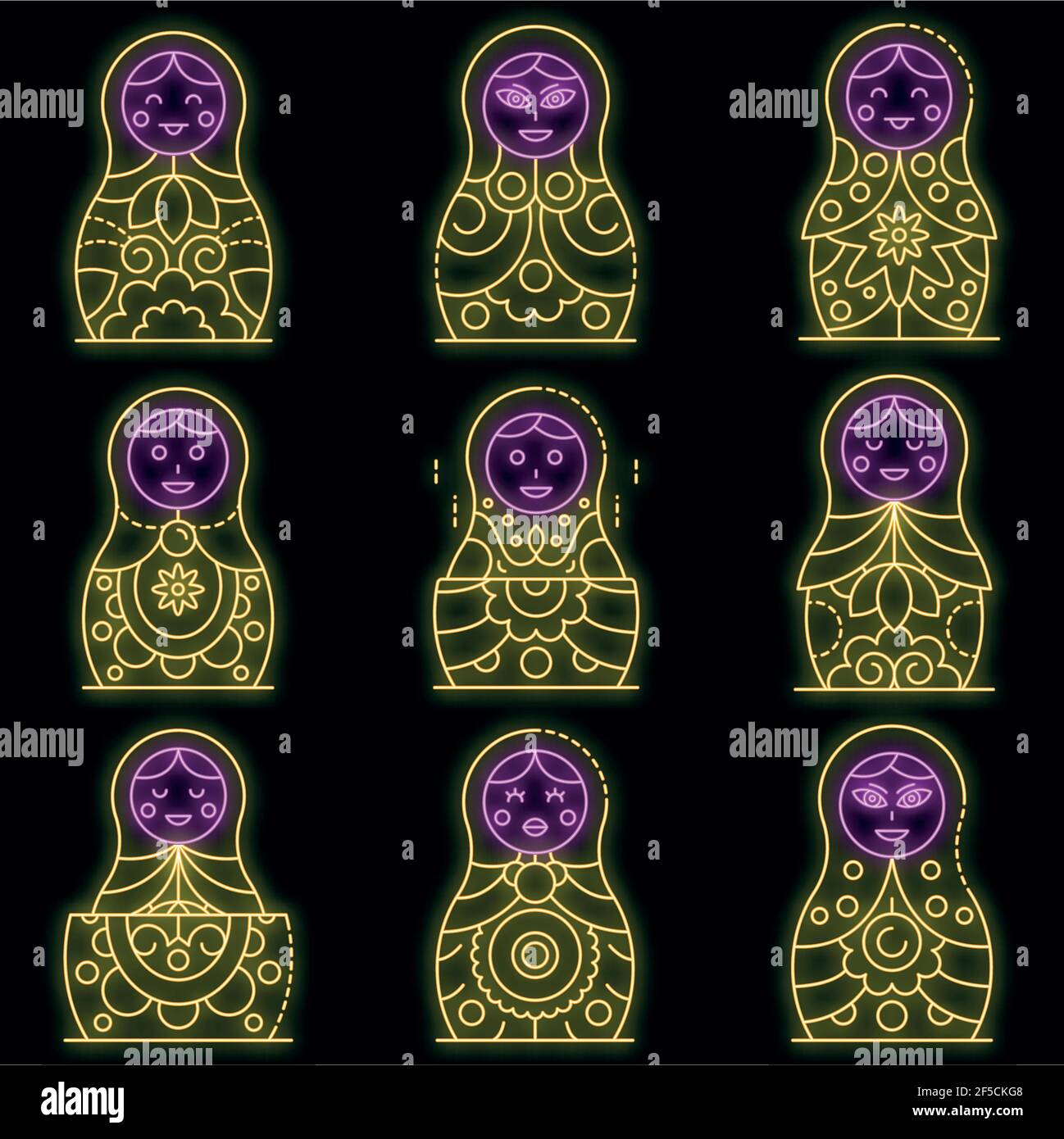 Nesting doll icons set. Outline set of nesting doll vector icons neon