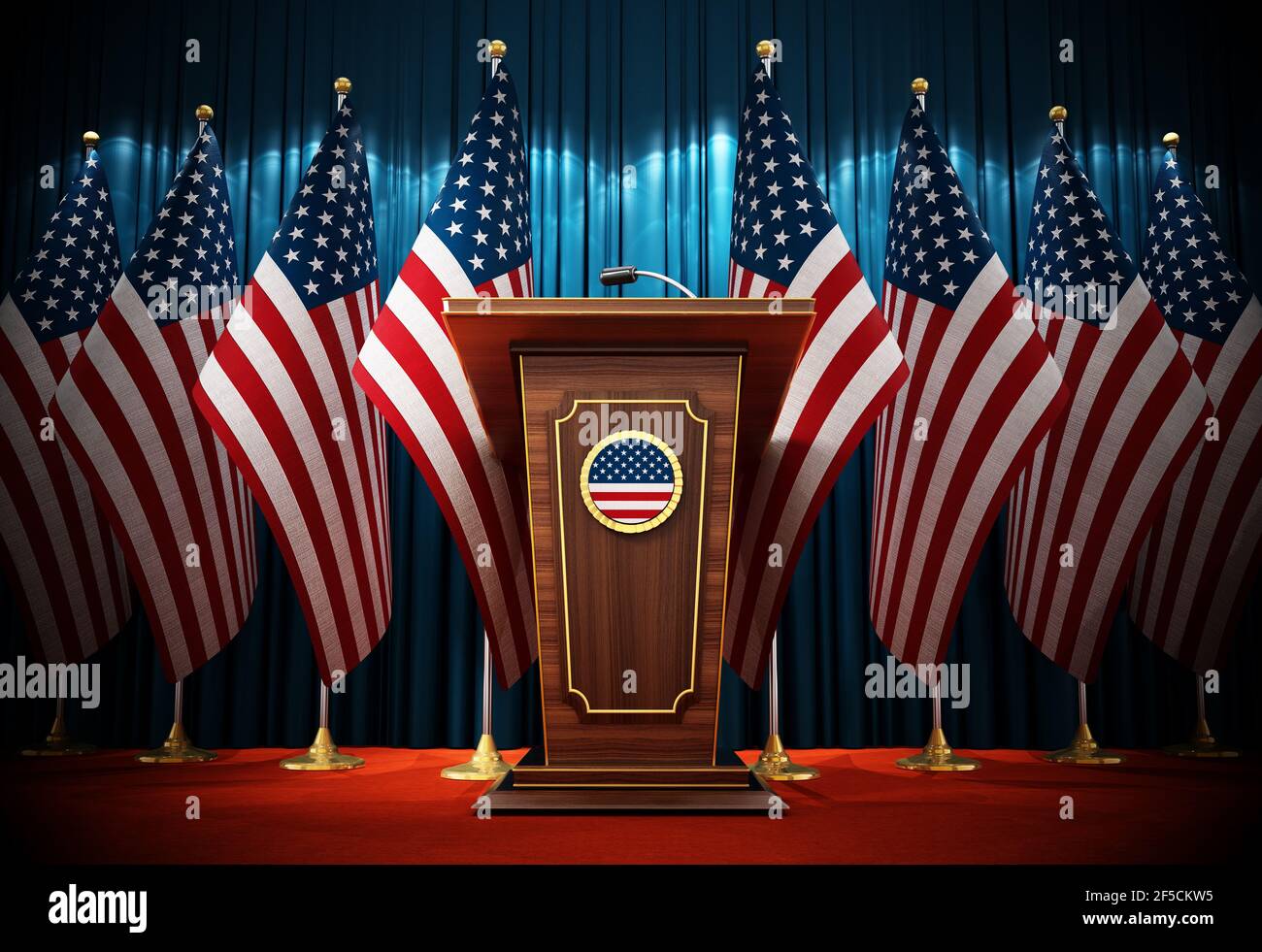 Group of American flags standing next to lectern in the conference hall. 3D illustration. Stock Photo