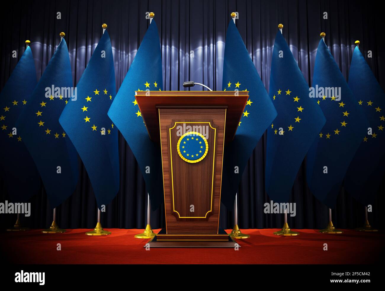 Group of European Union flags standing next to lectern in the conference hall. 3D illustration. Stock Photo