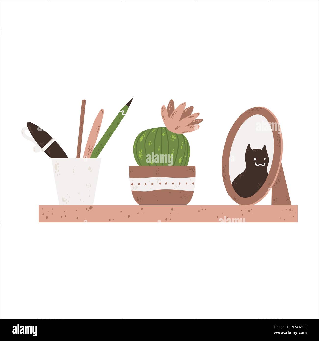 Cozy wooden bookshelf with stationery, cactus in flowerpot and frame in Scandinavian  style. Single wall shelf with various décor in hand drawn flat st Stock  Vector Image & Art - Alamy