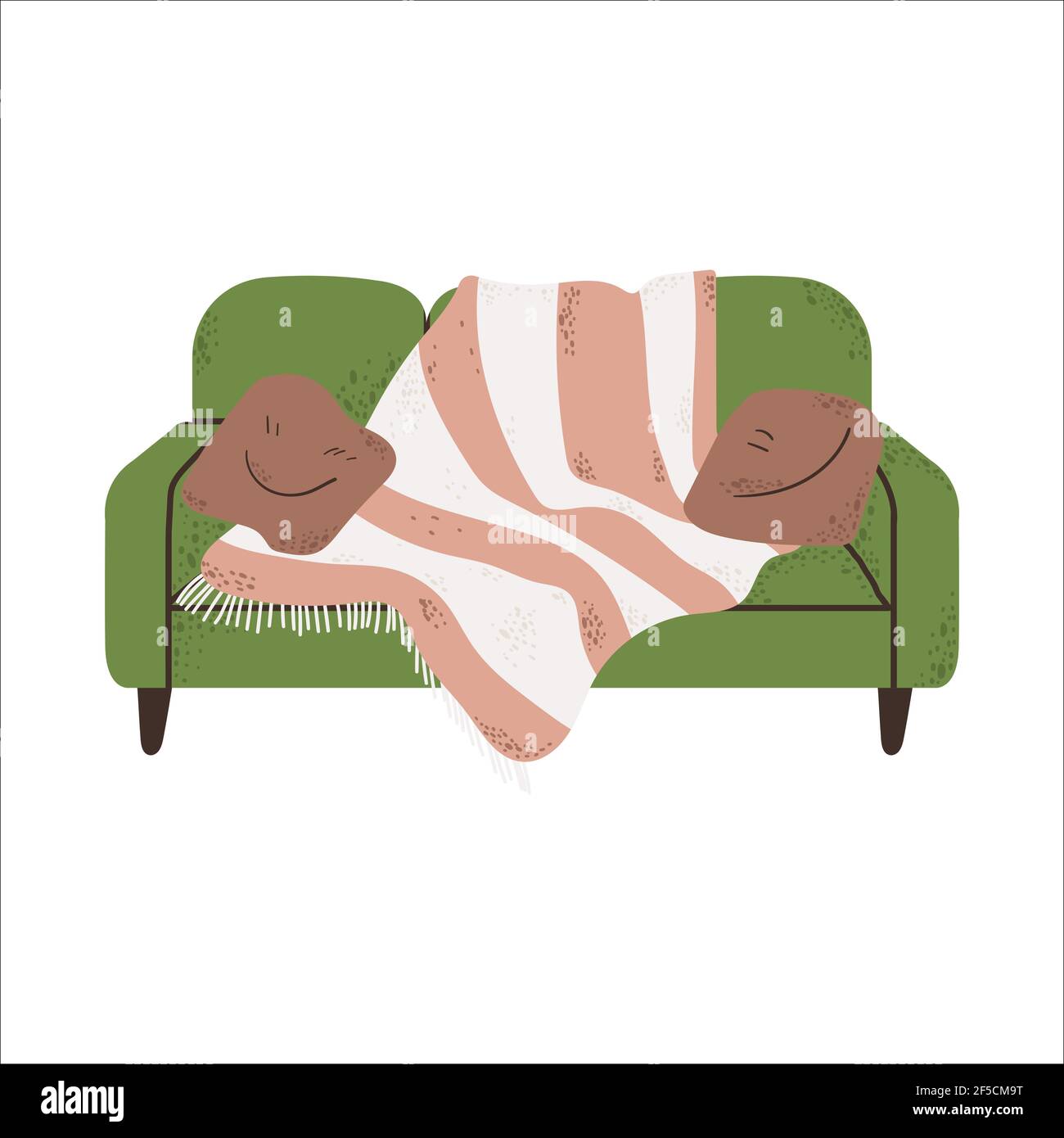 Single green sofa with pillows and plaid hand drawn illustration in Scandinavian style. Vector clip art of couch with cushion and rug isolated on whit Stock Vector