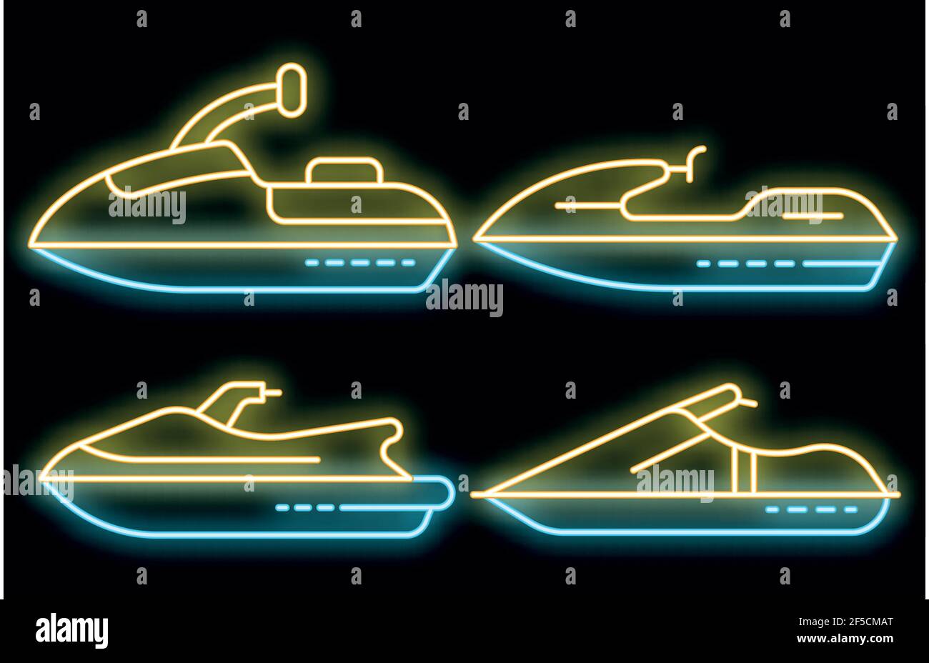 Jet ski icons set. Outline set of jet ski vector icons neon color on